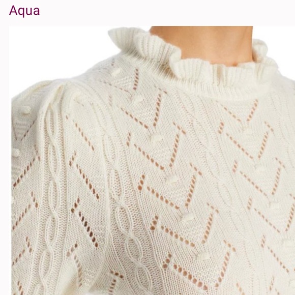 AQUA 100% Cashmere White Cropped Sweater Puff Sleeve Pointelle Knit XS - Picture 12 of 13